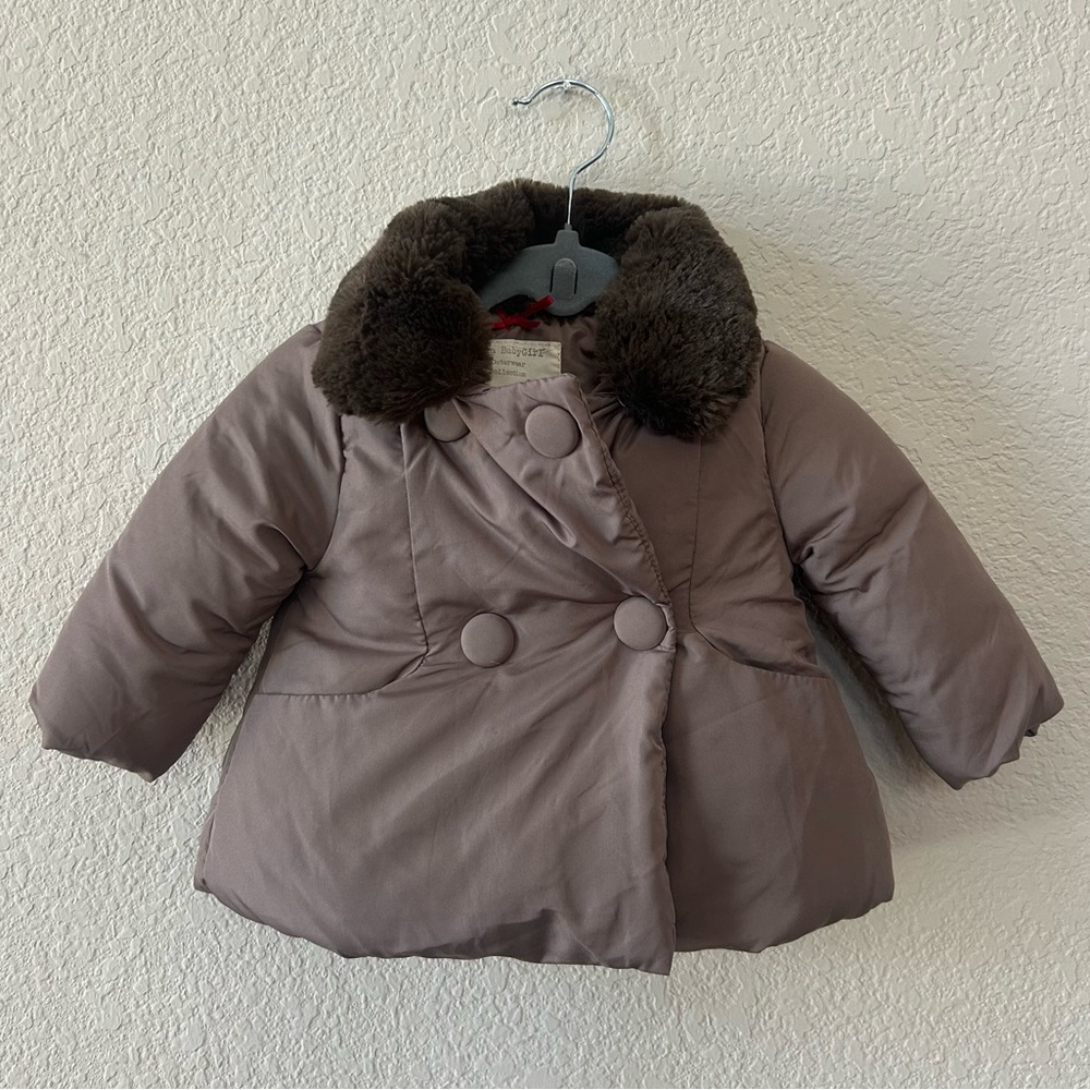 Zara Baby Winter Puffy Coat, Faux Fur Collar, Brown Pea Coat Style, Size 3-6 M